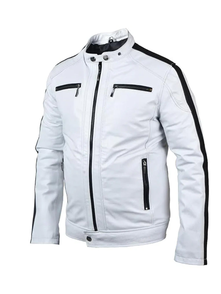 White Sleeve Stripes Biker Leather Jacket - The Leather Jackets
