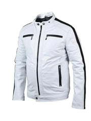 White Sleeve Stripes Biker Leather Jacket