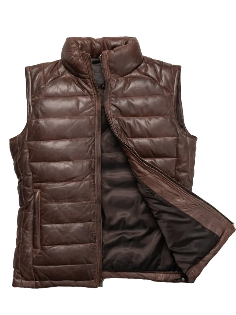 Dark Brown Down Genuine Leather Vest - The Leather Jackets