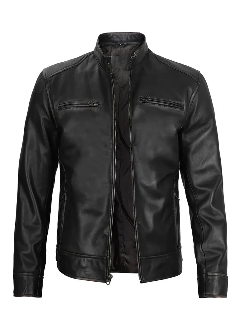 Dodge Black Leather Cafe Racer Jacket - The Leather Jackets