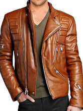 Men’s Tan Quilted Leather Biker Jacket