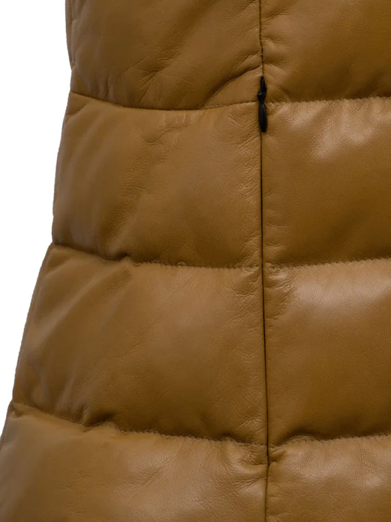 Khaki Brown Funnel Leather Gilet - The Leather Jackets