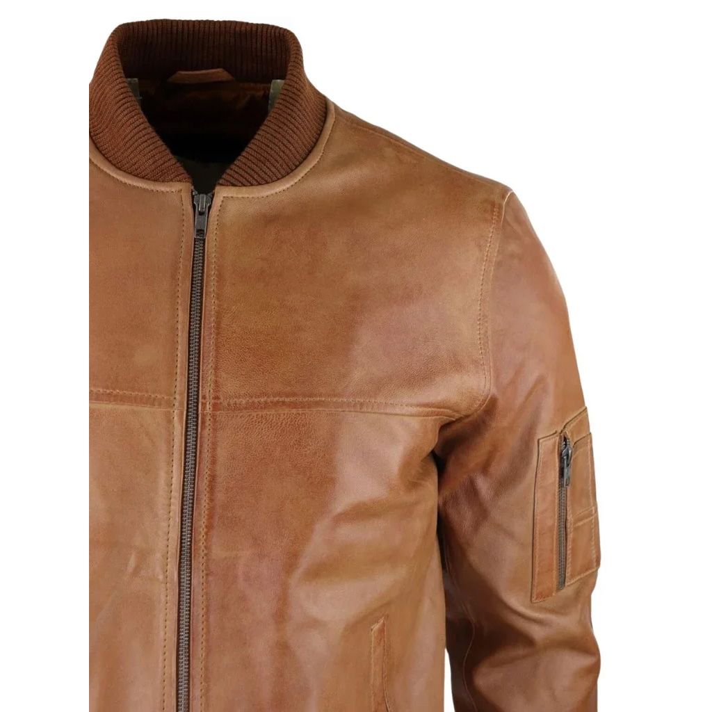 Tan Waxed Bomber Leather Jacket - The Leather Jackets