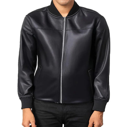 Men's black leather jacket with front zipper and side pockets, stylish outerwear
