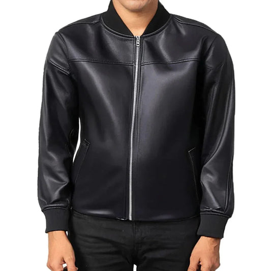 Men's black leather jacket with front zipper and side pockets, stylish outerwear