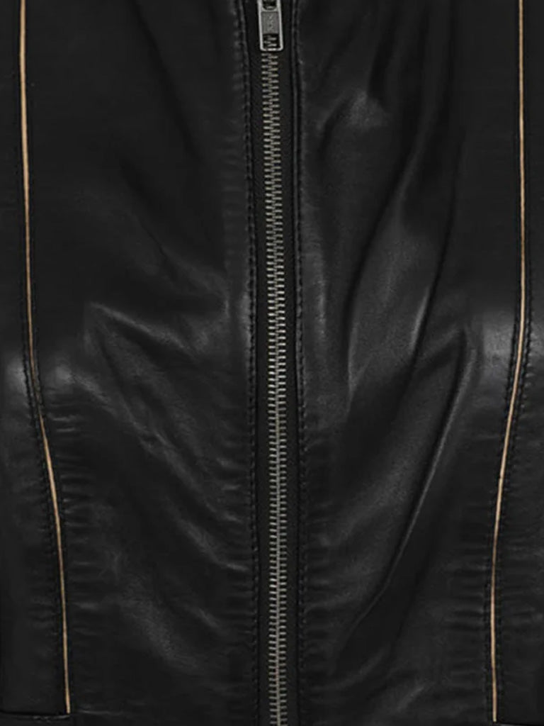 Black Biker Stand Collar Genuine Leather Jacket - The Leather Jackets