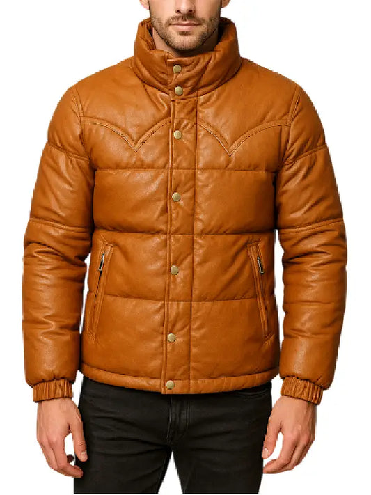 Men’s Tan Brown Puffer Leather Jacket