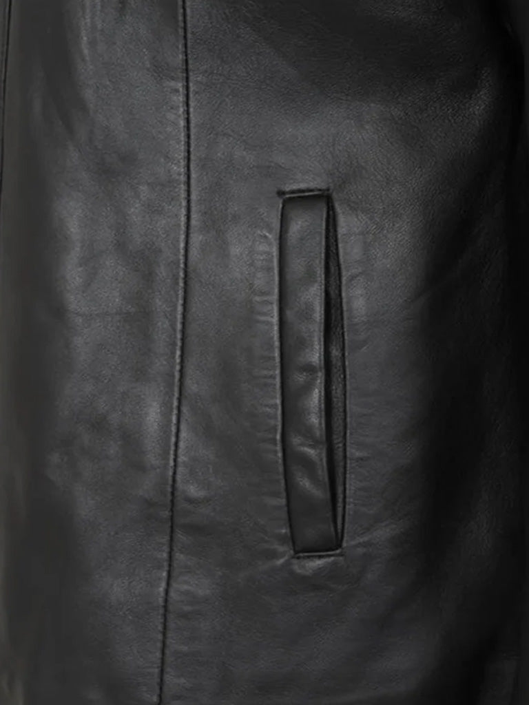 Casual Style Black Collar Less Genuine Leather Jacket - The Leather Jackets