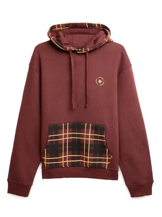 Men’s Burgundy Fleece Hoodie with Plaid Hood & Front Pocket