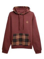 Men’s Burgundy Fleece Hoodie with Plaid Hood & Front Pocket
