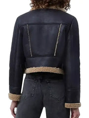 Women’s Black Shearling Trim Cropped Leather Jacket