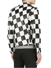 Men’s Black and White Checkered Leather Biker Jacket