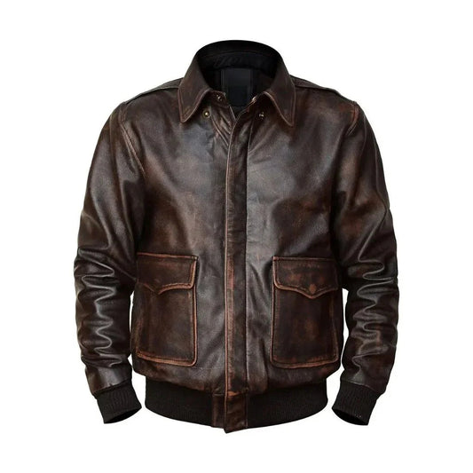 Men's distressed brown leather bomber jacket with front pockets and ribbed cuffs