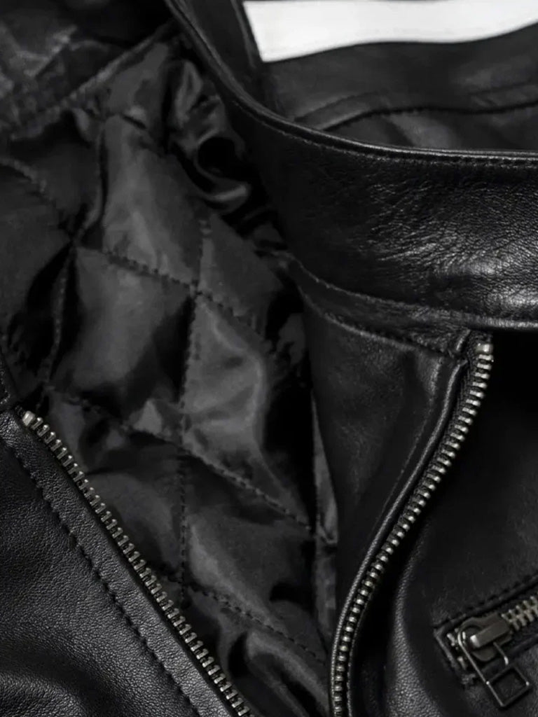 White Stripes Black Biker Leather Jacket - The Leather Jackets