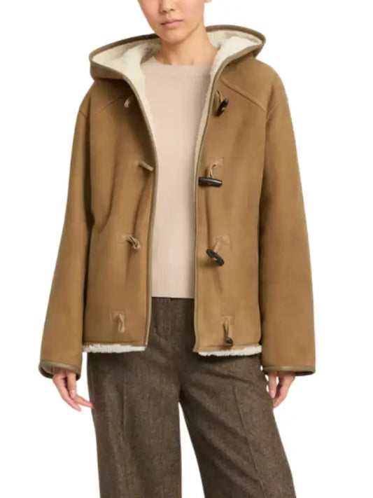Women’s Tan Brown Shearling Hooded Jacket - The Leather Jackets
