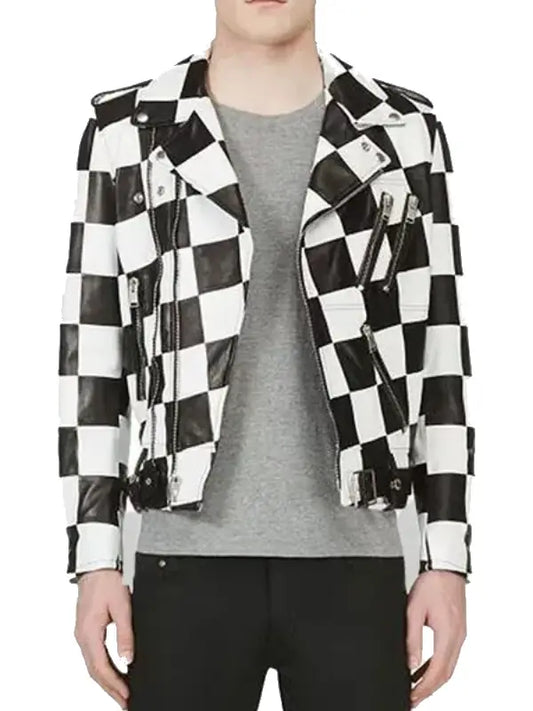 Men’s Black and White Checkered Leather Biker Jacket - The Leather Jackets