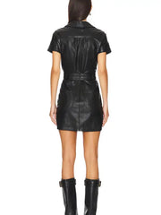 Premium Black Belted Short Sleeve Leather Mini Dress