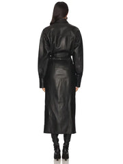 Premium Black Long Leather Shirt Dress with Structured Sleeves
