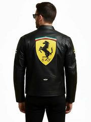 Men’s Black Ferrari Racing Leather Jacket – Premium Motorsport Rider Coat