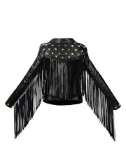 Women’s Black Fringe Leather Jacket with Star Studs