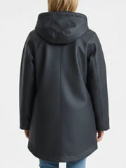 Women’s Black Hooded Leather Winter Coat – Waterproof Long Jacket for Cold Weather