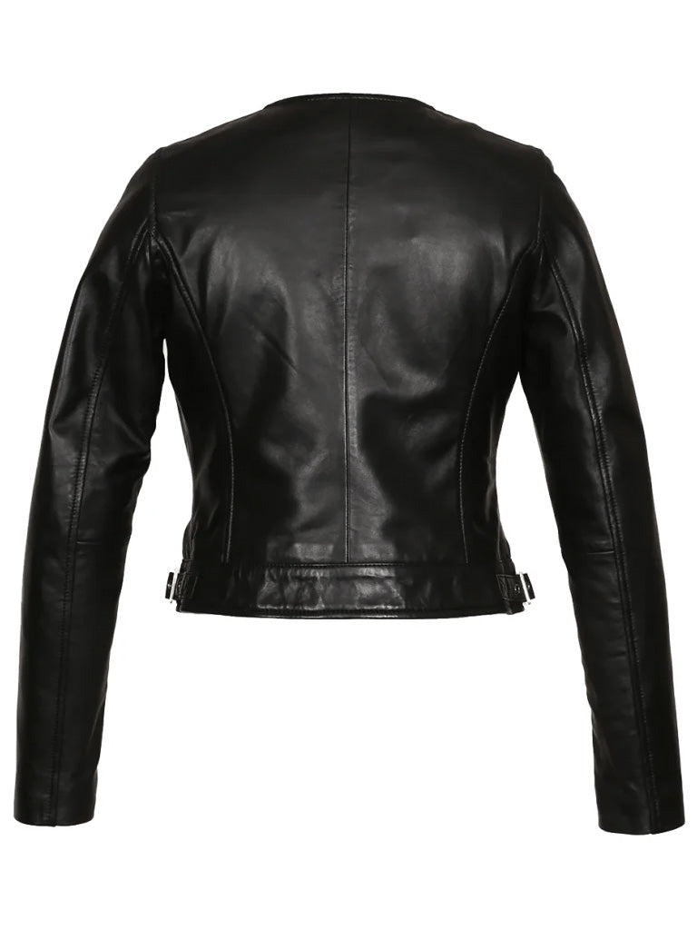 Black Collar Less Genuine Leather Jacket - The Leather Jackets
