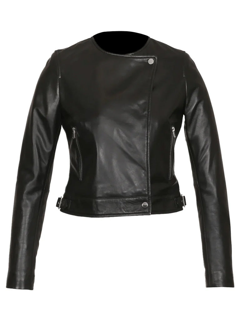 Black Collar Less Genuine Leather Jacket - The Leather Jackets