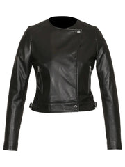 Black Collar Less Genuine Leather Jacket
