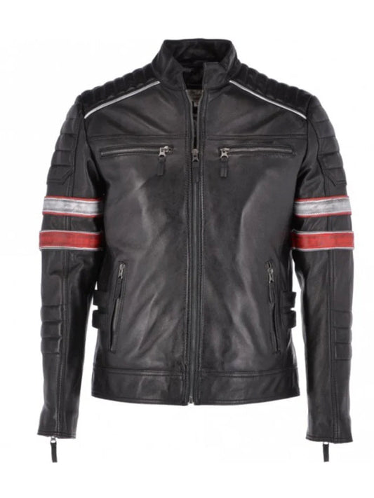 Black Stripes Biker Real Leather Jacket - The Leather Jackets