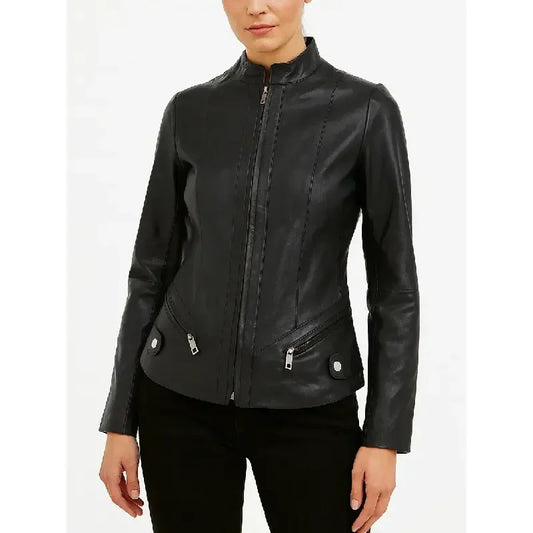 Women's black petite leather jacket with zip front and side zip pockets
