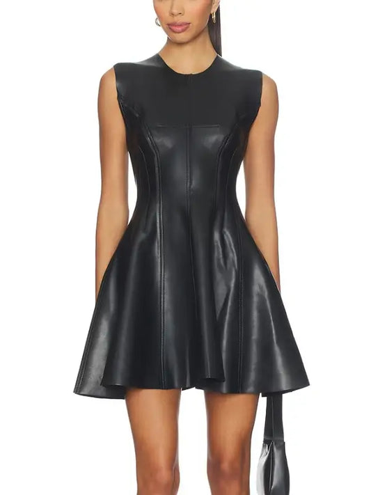 Premium Black Sleeveless Leather Fit and Flare Mini Dress