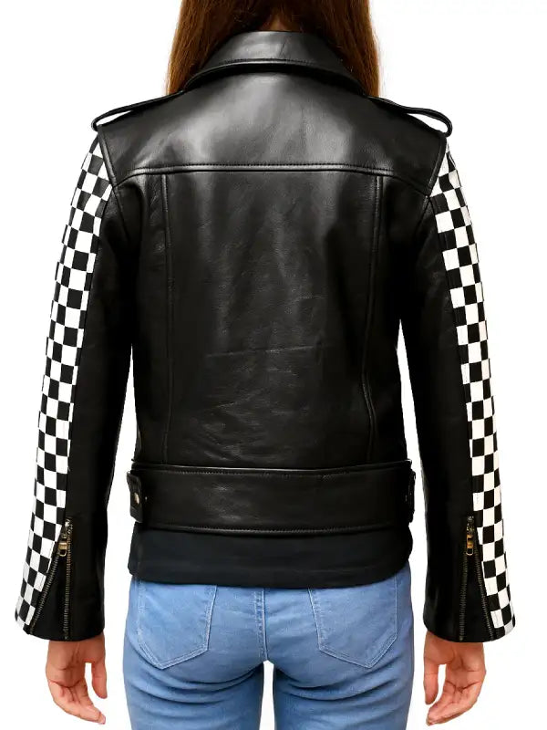 Black leather jacket with checkered sleeves