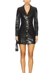 Premium Black Leather Blazer Mini Dress with Gold Button Front