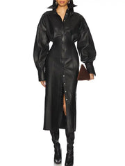 Premium Black Long Leather Shirt Dress with Structured Sleeves