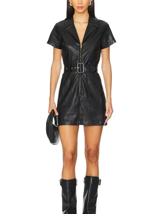 Premium Black Belted Short Sleeve Leather Mini Dress