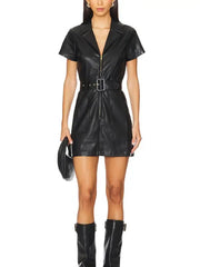 Premium Black Belted Short Sleeve Leather Mini Dress