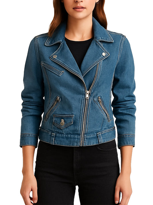 Blue Denim Moto Biker Jacket for Women