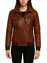 Brown Leather Bomber Jacket for Women