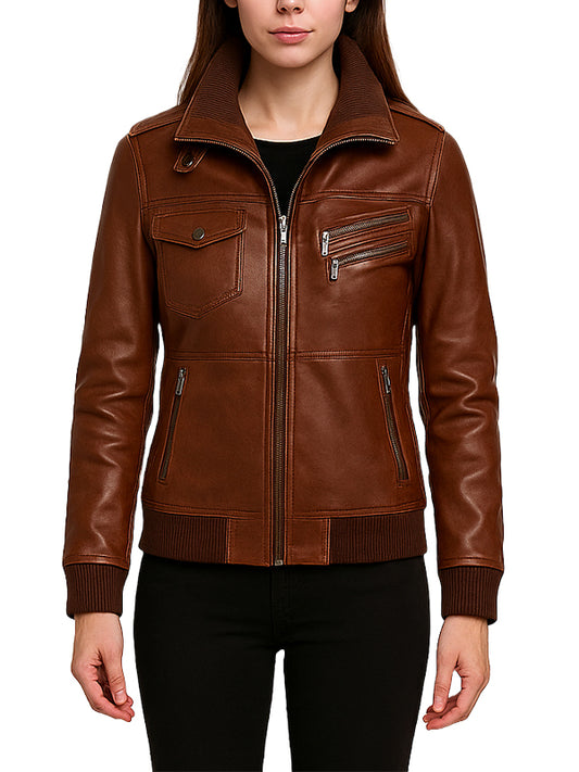 Brown Leather Bomber Jacket for Women