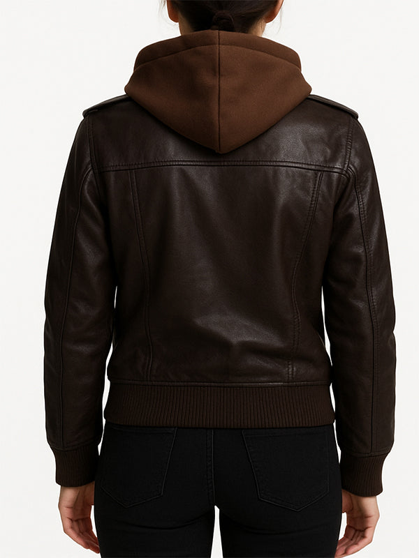 Brown Leather Jacket Hooded For Women