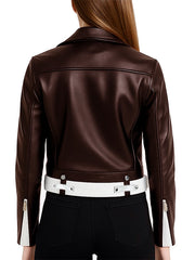 Brown and White Leather Biker Jacket Womens