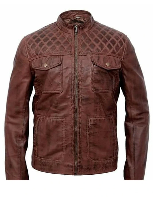 Cognac Brown Cafe Racer Quilted Leather Jacket