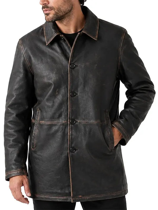 Brown Distressed Mid-Length Leather Coat