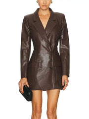 Premium Brown Croc Texture Leather Blazer Dress for Women