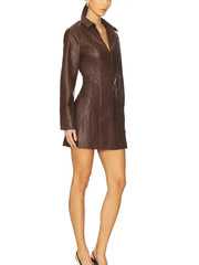 Premium Brown Fitted Leather Mini Shirt Dress