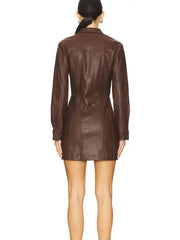 Premium Brown Fitted Leather Mini Shirt Dress
