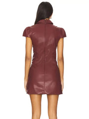 Premium Burgundy Leather Mini Dress with Jeweled Button Front