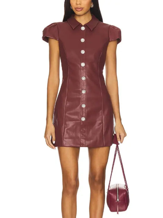 Premium Burgundy Leather Mini Dress with Jeweled Button Front
