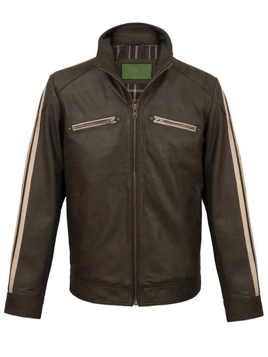 Chocolate Brown Stripes Biker Leather Jacket - The Leather Jackets