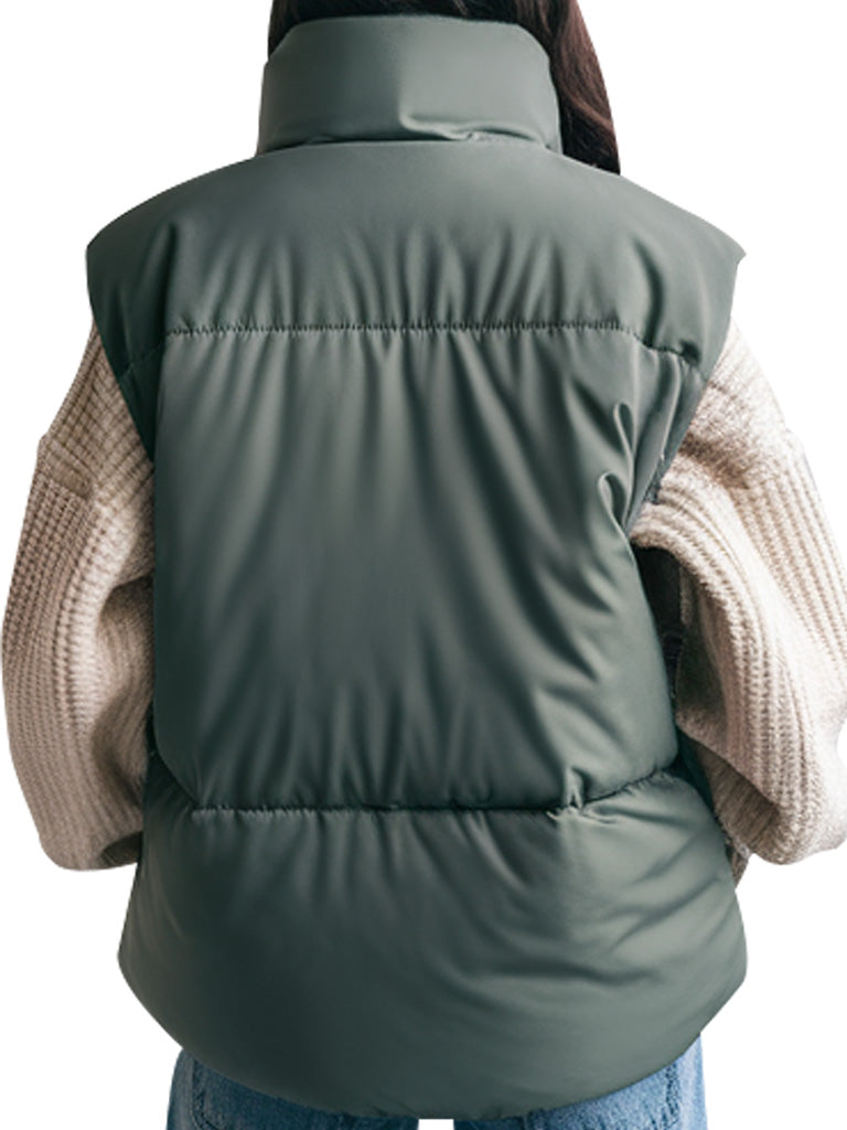 Cropped olive green puffer vest with stand collar